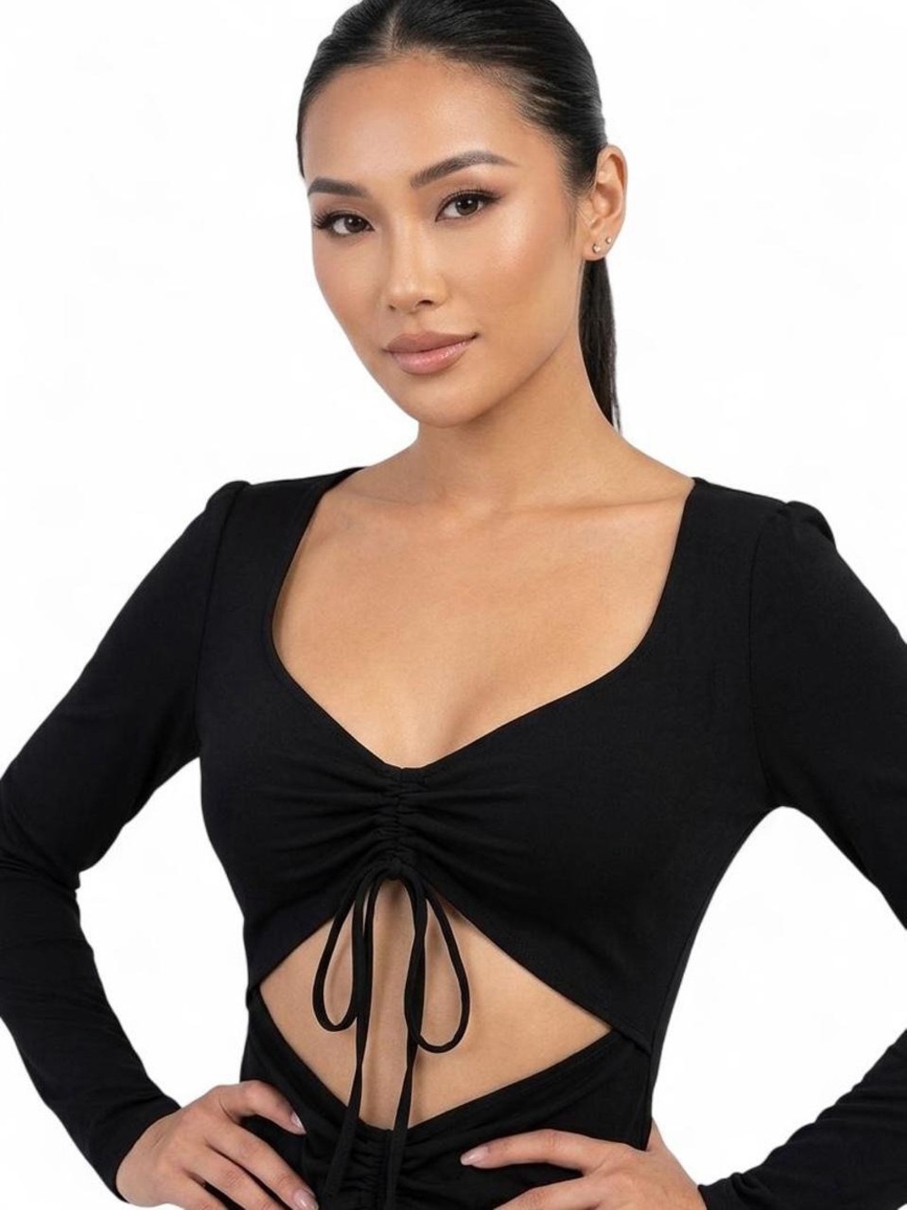 Zara Black Cut Out Tie Front Long Sleeve Top Size M